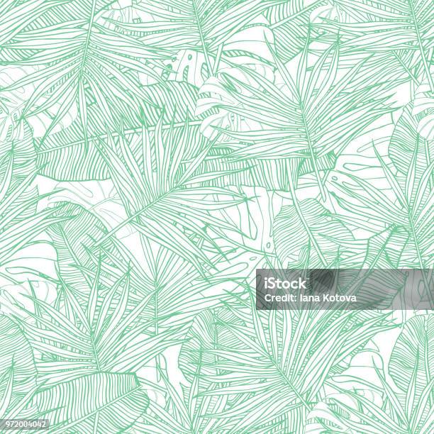 Tropical Seamless Pattern Texture With Banana Leaves Palm And Monstera Hand Drawn Illustration Summer Vector Design Stock Illustration - Download Image Now