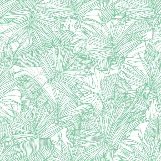 Vector illustration of Tropical seamless pattern. Texture with banana leaves, palm and  monstera. Hand drawn illustration. Summer vector design.