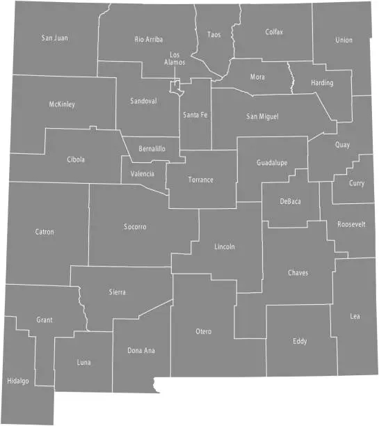 Vector illustration of New Mexico county map vector outline gray background. Map of New Mexico state of USA with borders and counties names labeled