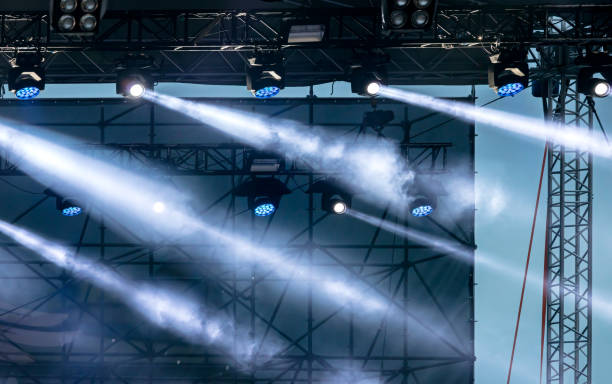 istock lightning equipment, blue searchlights during concert 972009512