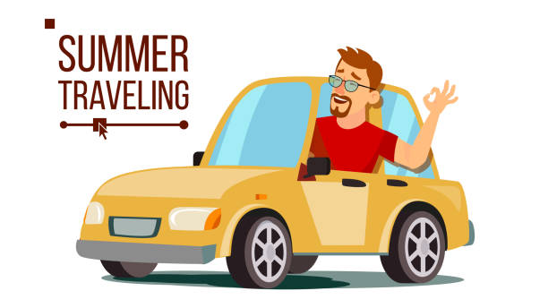 Man Travelling By Car Vector. Boy In Summer Vacation. Rides In The Car. Road Trip. Isolated Flat Cartoon Illustration Man Travelling By Car Vector. Boy In Summer Vacation. Rides In The Car. Road Trip. Isolated Cartoon Illustration pics of the man waving stock illustrations