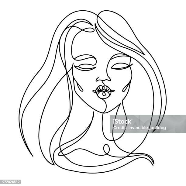 Happy Woman Kissing One Line Art Portrait Joyful Female Facial Expression Hand Drawn Linear Woman Silhouette Vector Illustration Stock Illustration - Download Image Now