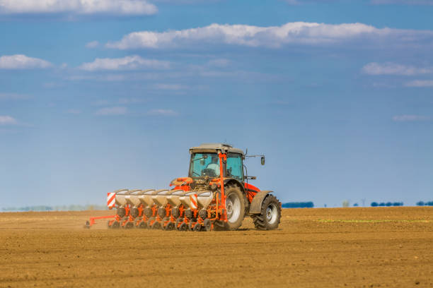 istock Farmer seeding, sowing crops at field. 972029264