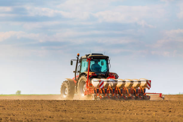istock Farmer seeding, sowing crops at field. 972029552