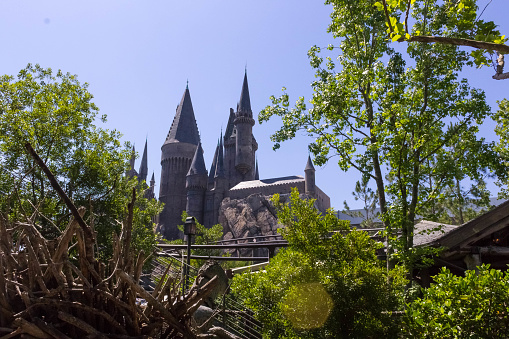Orlando, Florida, USA - May 09, 2018: The Hogwarts Castle at The Wizarding World Of Harry Potter in Adventure Island of Universal Studios Orlando. Universal Studios Orlando is a theme park in Orlando, Florida