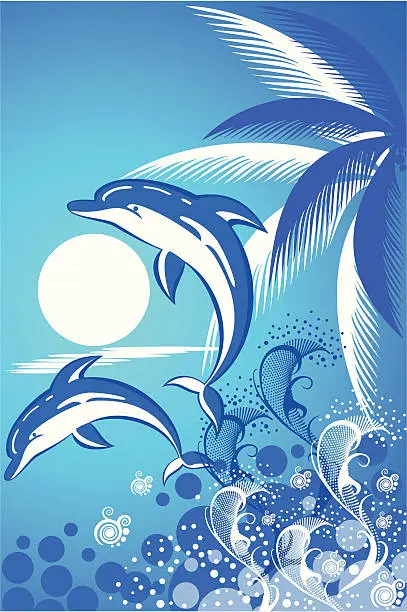 Vector illustration of Summer  with palm tree and  two dolphins