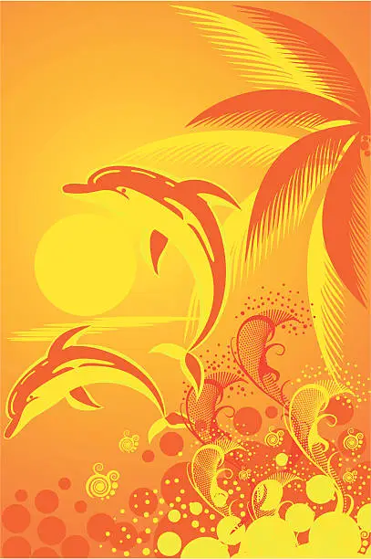 Vector illustration of Tropic background with palm tree and two dolphins