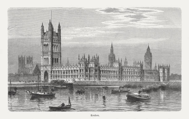 westminster palace w londynie, anglia, grawerowanie drewna, opublikowane w 1897 roku - victoria tower obrazy stock illustrations