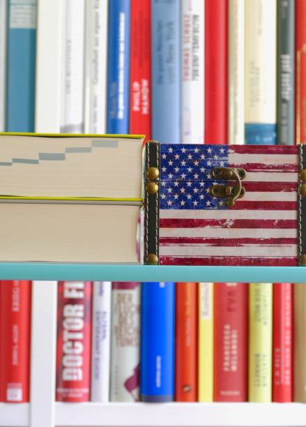 istock American flag  in front of a book shelf 972060842