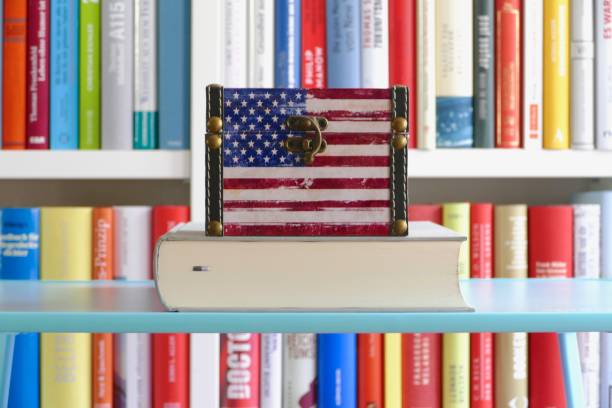 istock American flag  in front of a book shelf 972060884