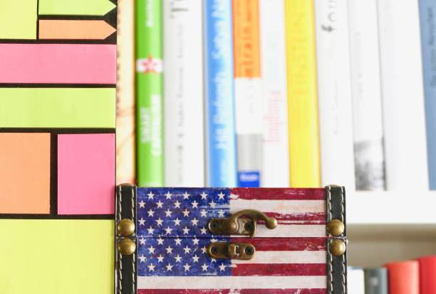 istock American flag  in front of a book shelf 972060896