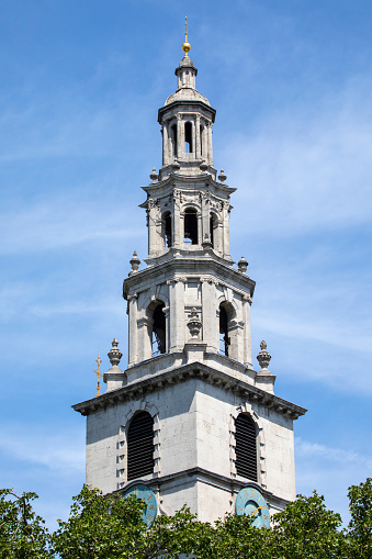The spire of St. Clement Danes church - the Central Church of the Royal Air Force, located on the Strand in London, UK.