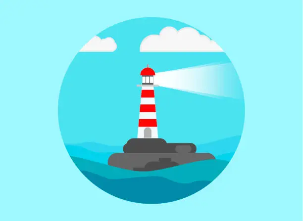 Vector illustration of lighthouse on a small island in circle, International Day of the Seafarer