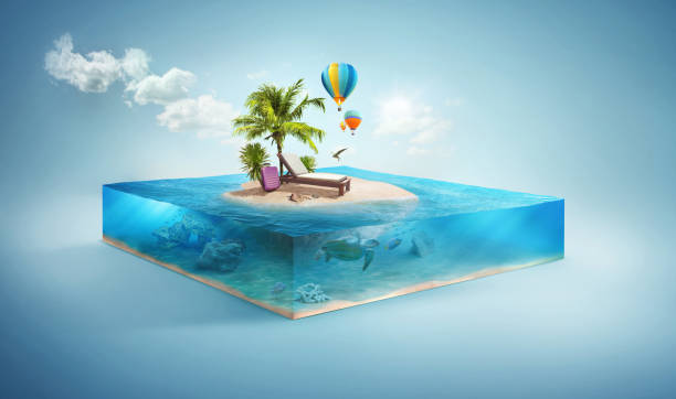 travel and vacation background. 3d illustration with cut of the sea and beautiful island. baby island isolated on white. - corte transversal ilustrações imagens e fotografias de stock
