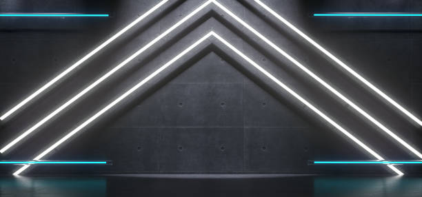 istock Sci-FI Futuristic Arrow Shaped Neon Lights In Empty Concrete Room. 3D Rendering 972079816