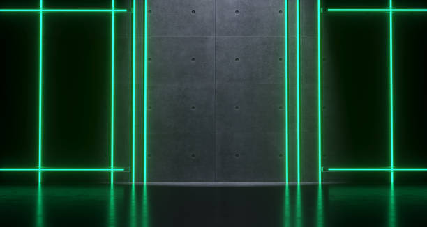 istock Futuristic Sci-Fi Room With Green Neon Lights And Concrete Wall With Empty Space And Reflections. 3D Rendering 972079970