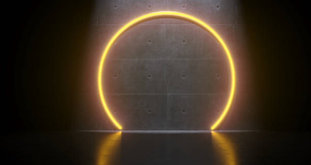 istock Futuristic Sci-Fi Room With Orange Neon Lights And Concrete Wall With Empty Space And Reflections. 3D Rendering 972080008