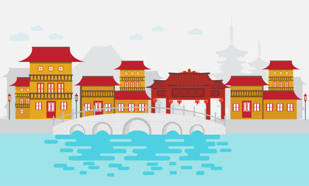 마 축제와 함께 행복 한 중국 새 해 인사 카드. 탑 거리의 전통 중국어 거리 - dragon china singapore temple stock illustrations