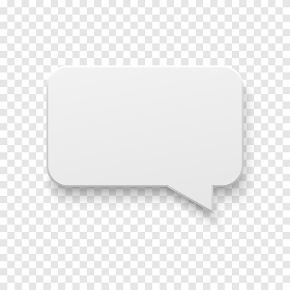 Vector white blank paper speech bubble on transparent background. Realistic 3d illustration. Rectangle shape. Template for your design.