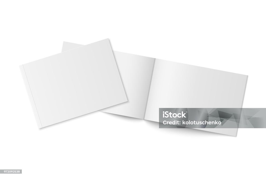 Mockup of two thin books with soft cover isolated. Vector mockup of two thin books with soft cover isolated. Gray horizontal magazine, brochure or booklet template opened and closed on white background. 3d illustration for your design Template stock vector