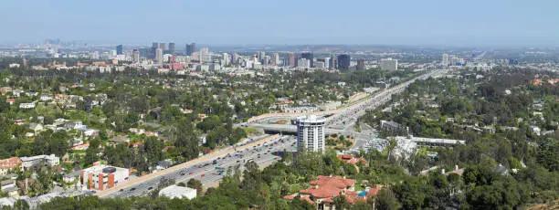 High angle view of the West Los Angeles Skyline. This area includes westwood - home to the University of California, Los Angeles - as well as the neighborhoods of Beverly Crest and Holmby Hills. It is bordered on the west by the 405 Freeway traversing the region in a north-south direction.