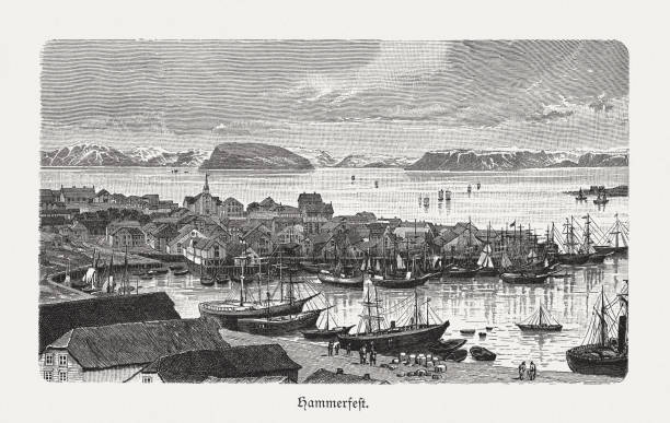 ilustrações de stock, clip art, desenhos animados e ícones de historical view of hammerfest, finnmark county, norway, woodcut, published 1897 - hammerfest