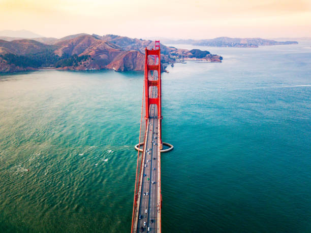 Golden Gate bridge in San Francisco at sunset aerial