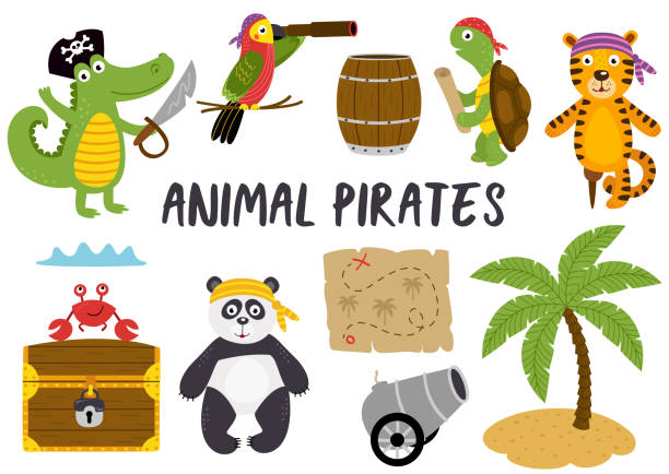 set of isolated animals pirates and other elements part 1 set of isolated animals pirates and other elements part 1 - vector illustration, eps wood turtle stock illustrations