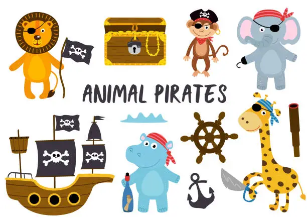 Vector illustration of set of isolated animals pirates and other elements part 2