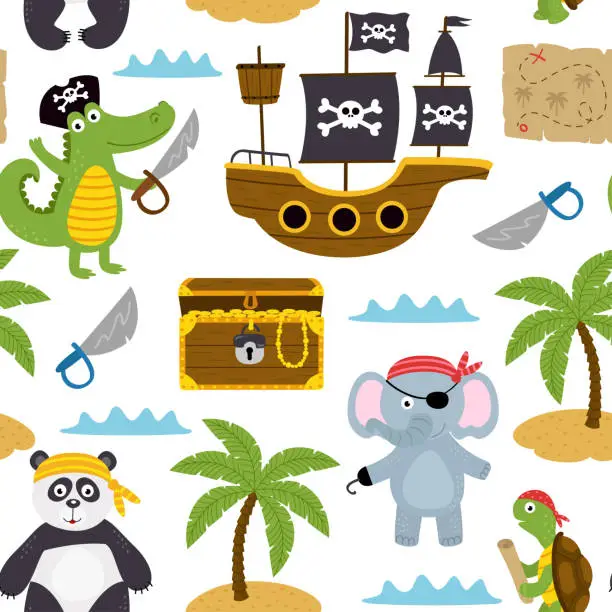 Vector illustration of seamless pattern with pirates animals and other elements on white background