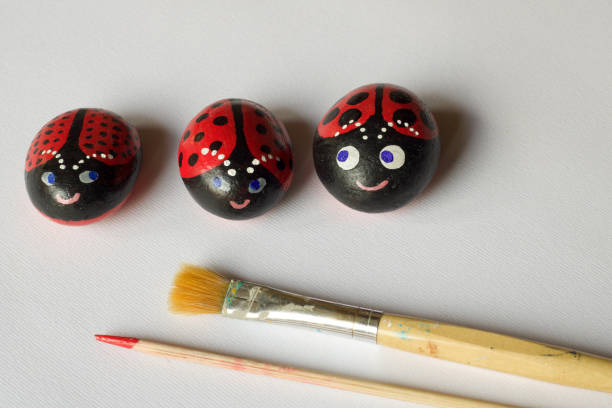 istock three home made painted stones as ladybugs  and one brush on white background 972126054