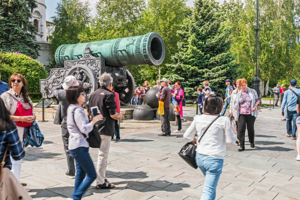 Moscow, Russia-may 23, 2018: the view from the Tsar cannon Tsar Pushka on the Ivanovskaya square in the Kremlin. Walking tourists in the Kremlin
