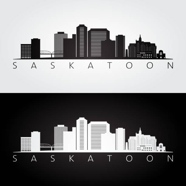 ilustrações, clipart, desenhos animados e ícones de saskatoon skyline e marcos silhueta, preto e branco desenho, ilustração vetorial. - saskatchewan