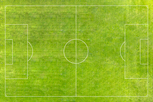 a real soccer field, football field. Green grass. green striped lawn. White markings on the grass