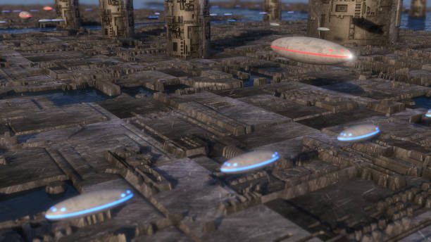 istock 3d Render. Futuristic city and spaceships 972144566