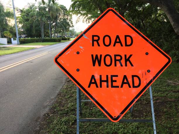 istock Road Work Ahead sign on metal A frame stand, taken on mobile device 972147930