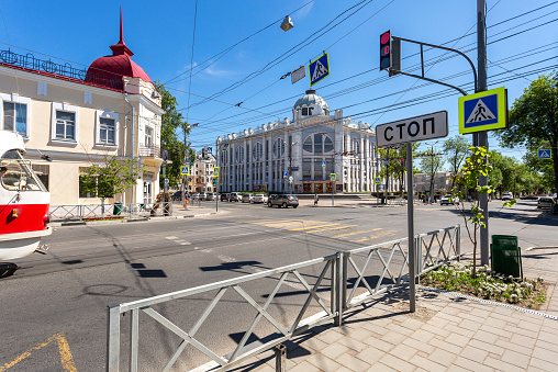 Samara, Russia - May 27, 2018: Samara State Philharmonic Society at the Frunze street in summer sunny day