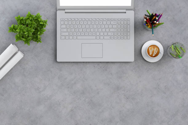 istock Knolling top view office table with laptop 972150580