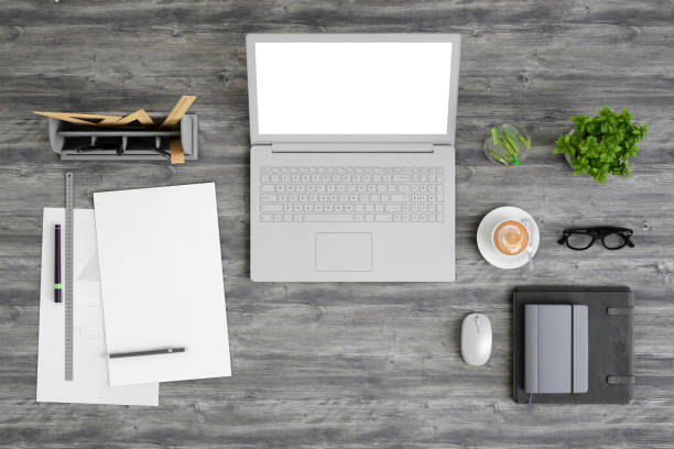 istock Knolling top view office table with laptop 972150612