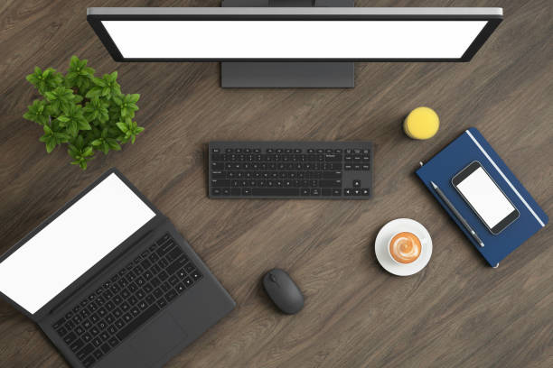 istock Knolling top view office table with laptop 972150628