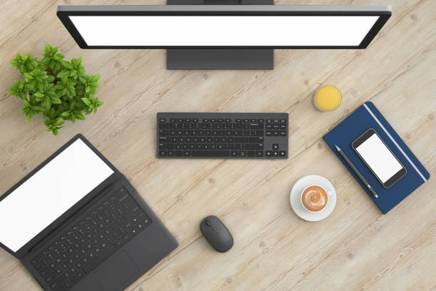 istock Knolling top view office table with laptop 972150690