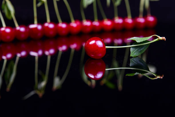 istock Sour cherry in a line reflection on a black glass surface 972151802