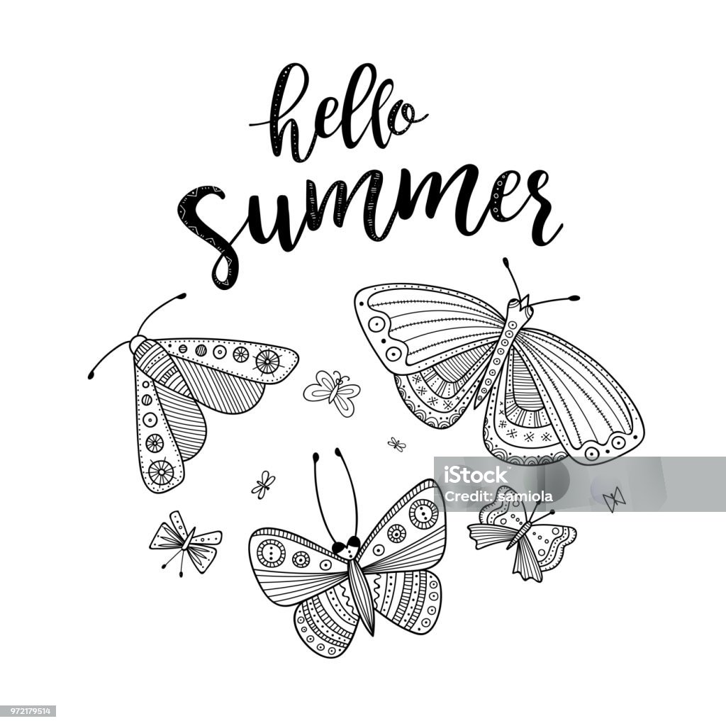 Hello summer greeting card with butterflies coloring Hello summer greeting card. Vector illustration with butterflies in ethnic boho style. Can be used as banner, poster, invitation, coloring page, etc. Abstract stock vector