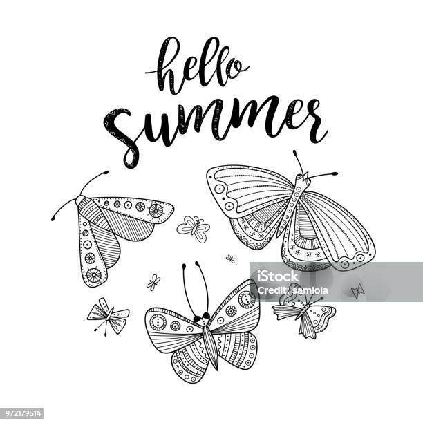 Hello Summer Greeting Card With Butterflies Coloring Stock Illustration - Download Image Now