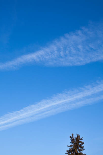 istock Blue sky with striped clouds. Contrail. 972193730