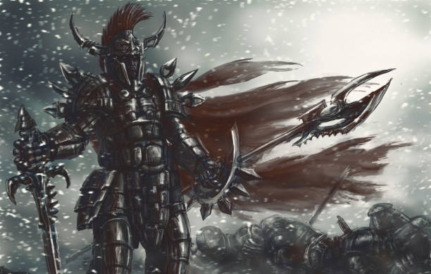 istock The cruel warrior of antiquity in black armor won the battle 972197184