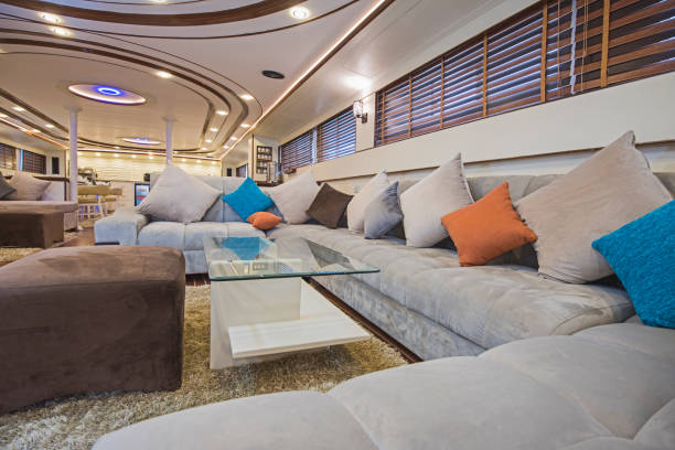 Interior of large salon area of luxury motor yacht stock photo