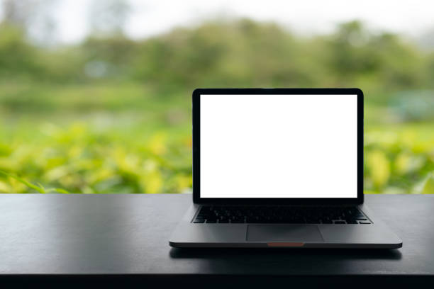 istock Laptop with blank screen on table, Conceptual workspace, Laptop computer with blank white screen on table, Green blurred background. 972205958
