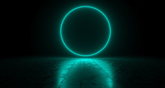 Luz de neón azul círculo vacío en concreto superficie reflectante. Render 3D photo