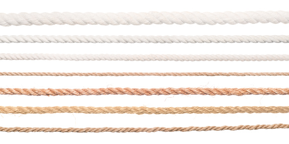 Ropes set. Collection of different straight long ropes isolated on white